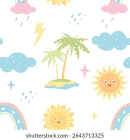 Palm trees, sun, beach, beach umbrella. Vector seamless pattern on the theme of summer, seaside vacation, travel. Cute vector illustration