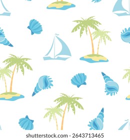 Palm trees, sun, beach, beach umbrella. Vector seamless pattern on the theme of summer, seaside vacation, travel. Cute vector illustration