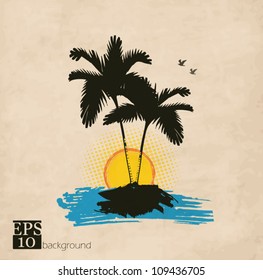 Palm trees, sun and birds on a vintage grunge background