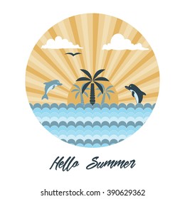 Palm trees, sun and dolphin logo design template, tropical island or vacation icon.
