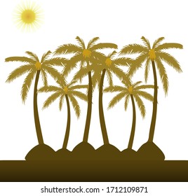 Palmeras y sol, estilo plano sobre fondo blanco, vector