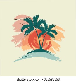 Palm trees, sun and gulls - Illustration