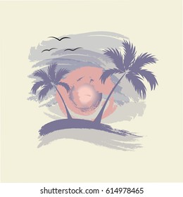Palm trees, sun and gulls - Illustration