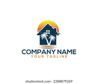 Palm trees, sun and home summer vacation logo design. Unique travel and hotel vector illustration.