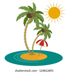 Palm Trees, Sun and Island on White Background. Vector Illustration.