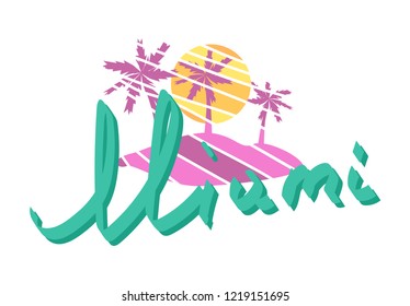 Palm trees with sun. Miami lettering.Template for logos and cards. Vector illustration in minimalistic style