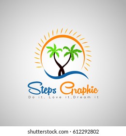 Palm trees sun rise waves logo design