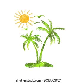 Palm trees, sun and seagulls. Vector illustration