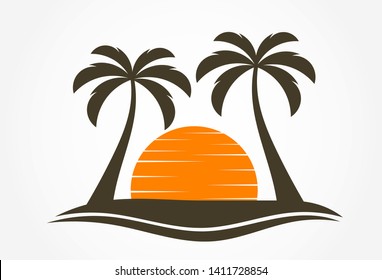 Palm trees and sun setting over island. Vector illustration