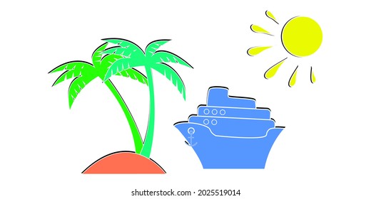 Palm trees, sun and steamship. Vector illustration.