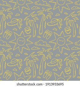 Palm trees, sun, summer. Trendy yellow and gray colors. Seamless vector pattern in doodle style