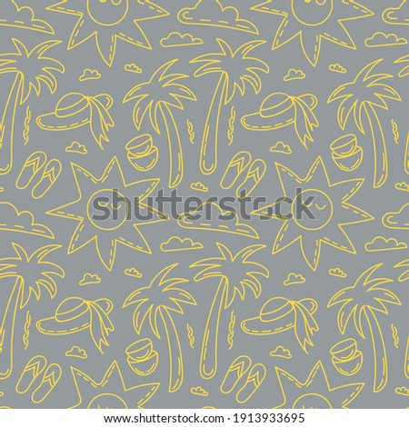 Palm trees, sun, summer. Trendy yellow and gray colors. Seamless vector pattern in doodle style