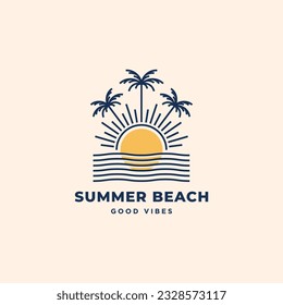 Palm trees, sun and water waves geometric linear stylish summer beach logo vector icon illustration