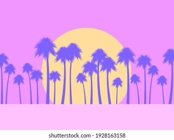 Palm trees and sunrise sun landscape. Tropical sunshine in flat style. Exotic sunset. Pink and violet color. Design for poster, travel banner. Vector illustration