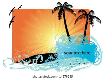 palm trees with sunset and abstract ocean waves with copy space, grunge elements, vector illustration