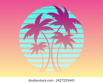 Palm trees at sunset in a futuristic retro style. Summer time. Silhouettes of palm trees against the background of a gradient sunset. Design for banner, poster and print. Vector illustration