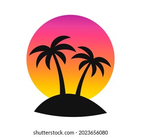 Palm trees at sunset island. Colorful sunset sun symbol. Vector illustration.