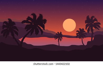 Palm trees at sunset on the background of the sea surrounded by mountains, vector art illustration.