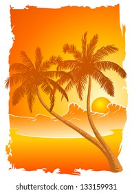 Palm trees at sunset on the beach.