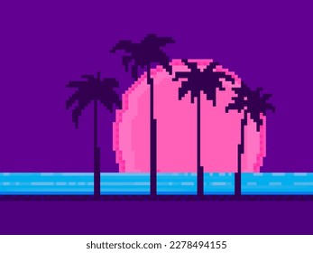 Palmen bei Sonnenuntergang im Pixelkunststil. 8-Bit-Landschaft von Palmen am Ufer im Stil der 90er-Jahre-Videospiele. Design für Druck, Banner und App. Vektorgrafik