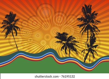 Palm trees and sunset in a psychedelic summer