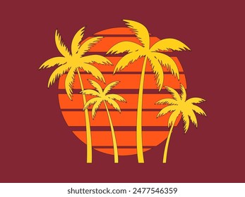 Palmeras al atardecer en estilo retro de los años 80. Siluetas de palmeras y el sol con un contorno negro en el estilo de retro-futurismo, onda sintética y retroonda. Palmeras tropicales. Ilustración vectorial