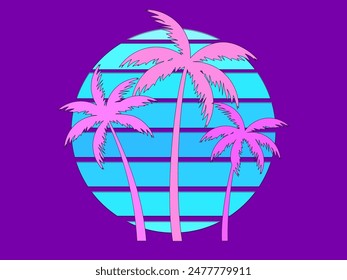 Palm trees at sunset in retro 80s style. Silhouettes of palm trees and the sun with a black outline in the style of retro-futurism, synthwave and retrowave. Tropical palm trees. Vector illustration