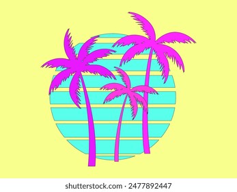 Palm trees at sunset in retro 80s style. Silhouettes of palm trees and the sun with a black outline in the style of retro-futurism, synthwave and retrowave. Tropical palm trees. Vector illustration