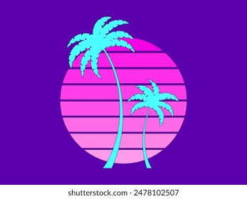 Palm trees at sunset in retro 80s style. Silhouettes of palm trees and the sun with a black outline in the style of retro-futurism, synthwave and retrowave. Tropical palm trees. Vector illustration