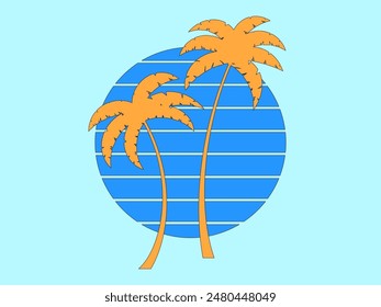 Palmeras al atardecer en estilo retro de los años 80. Siluetas de palmeras y el sol con un contorno negro en el estilo de retro-futurismo, onda sintética y retroonda. Palmeras tropicales. Ilustración vectorial