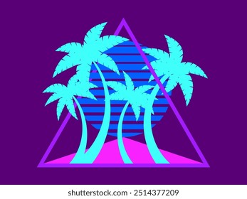 Palm trees at sunset retro sun in 80s style. Retro futuristic silhouettes of palm trees against the sun in a triangular frame. Synthwave style. Design for banners and posters. Vector illustration
