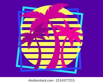 Palm trees at sunset retro sun in 80s style. Retro futuristic silhouettes of palm trees against the sun in a square frame. Synthwave style. Design for banners and posters. Vector illustration