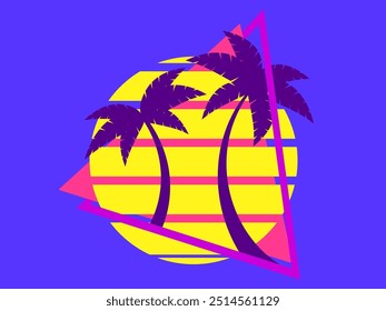 Palm trees at sunset retro sun in 80s style. Retro futuristic silhouettes of palm trees against the sun in a triangular frame. Synthwave style. Design for banners and posters. Vector illustration