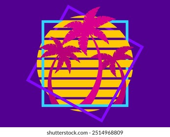 Palm trees at sunset retro sun in 80s style. Retro futuristic silhouettes of palm trees against the sun in a square frame. Synthwave style. Design for banners and posters. Vector illustration