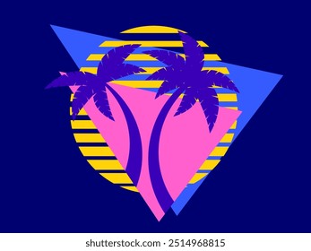 Palm trees at sunset retro sun in 80s style. Retro futuristic silhouettes of palm trees against the sun in a triangular frame. Synthwave style. Design for banners and posters. Vector illustration