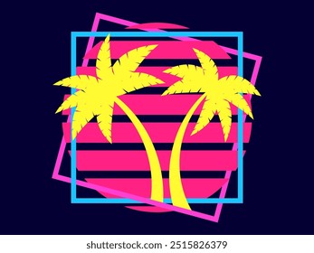 Palm trees at sunset retro sun in 80s style. Retro futuristic silhouettes of palm trees against the sun in a square frame. Synthwave style. Design for banners and posters. Vector illustration