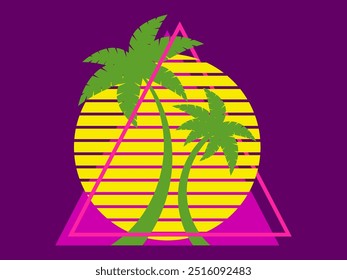 Palm trees at sunset retro sun in 80s style. Retro futuristic silhouettes of palm trees against the sun in a triangular frame. Synthwave style. Design for banners and posters. Vector illustration