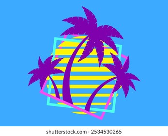 Palm trees at sunset retro sun in 80s style. Retro futuristic silhouettes of palm trees against the sun in a square frame. Synthwave style. Design for banners and posters. Vector illustration