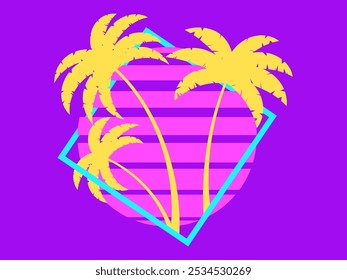 Palm trees at sunset retro sun in 80s style. Retro futuristic silhouettes of palm trees against the sun in a square frame. Synthwave style. Design for banners and posters. Vector illustration