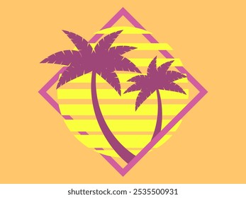 Palm trees at sunset retro sun in 80s style. Retro futuristic silhouettes of palm trees against the sun in a square frame. Synthwave style. Design for banners and posters. Vector illustration