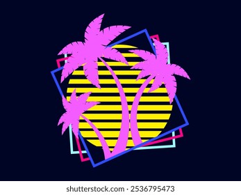 Palm trees at sunset retro sun in 80s style. Retro futuristic silhouettes of palm trees against the sun in a square frame. Synthwave style. Design for banners and posters. Vector illustration