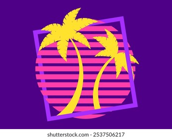 Palm trees at sunset retro sun in 80s style. Retro futuristic silhouettes of palm trees against the sun in a square frame. Synthwave style. Design for banners and posters. Vector illustration
