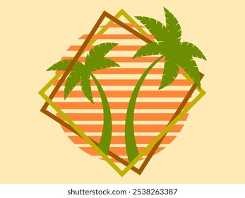 Palm trees at sunset retro sun in 80s style. Retro futuristic silhouettes of palm trees against the sun in a square frame. Synthwave style. Design for banners and posters. Vector illustration