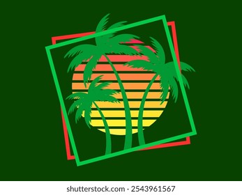 Palm trees at sunset retro sun in 80s style. Retro futuristic silhouettes of palm trees against the sun in a square frame. Synthwave style. Design for banners and posters. Vector illustration