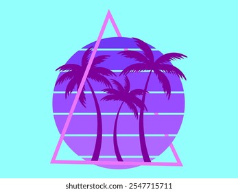 Palm trees at sunset retro sun in 80s style. Retro futuristic silhouettes of palm trees against the sun in a triangular frame. Synthwave style. Design for banners and posters. Vector illustration