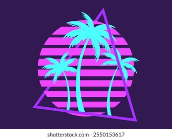 Palm trees at sunset retro sun in 80s style. Retro futuristic silhouettes of palm trees against the sun in a triangular frame. Synthwave style. Design for banners and posters. Vector illustration
