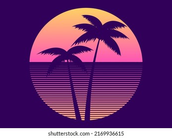 Palm Trees At Sunset In The Style Of The 80s. Retro Futuristic Sun With Palm Trees In Synthwave Style. Brochure, Banner And Poster Design. Vector Illustration