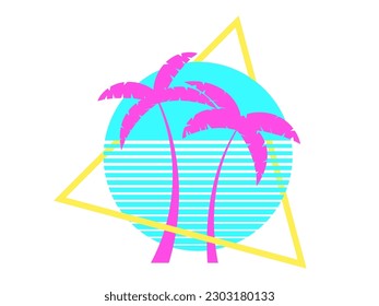 Palm trees at sunset in the style of the 80s in a triangular frame isolated on a white background. Pink palm trees and blue sun in synthwave style. Design for banner and poster. Vector illustration