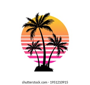 Palm trees and sunset. Summer vacation and travel concept. Logo or t-shirt design.