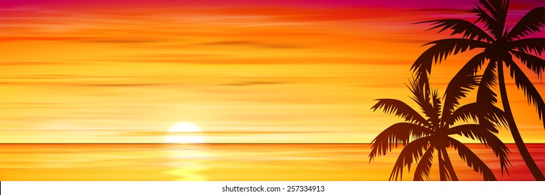 Palm Trees with Sunset, Sunrise and Sea, Ocean. Vector EPS 10.